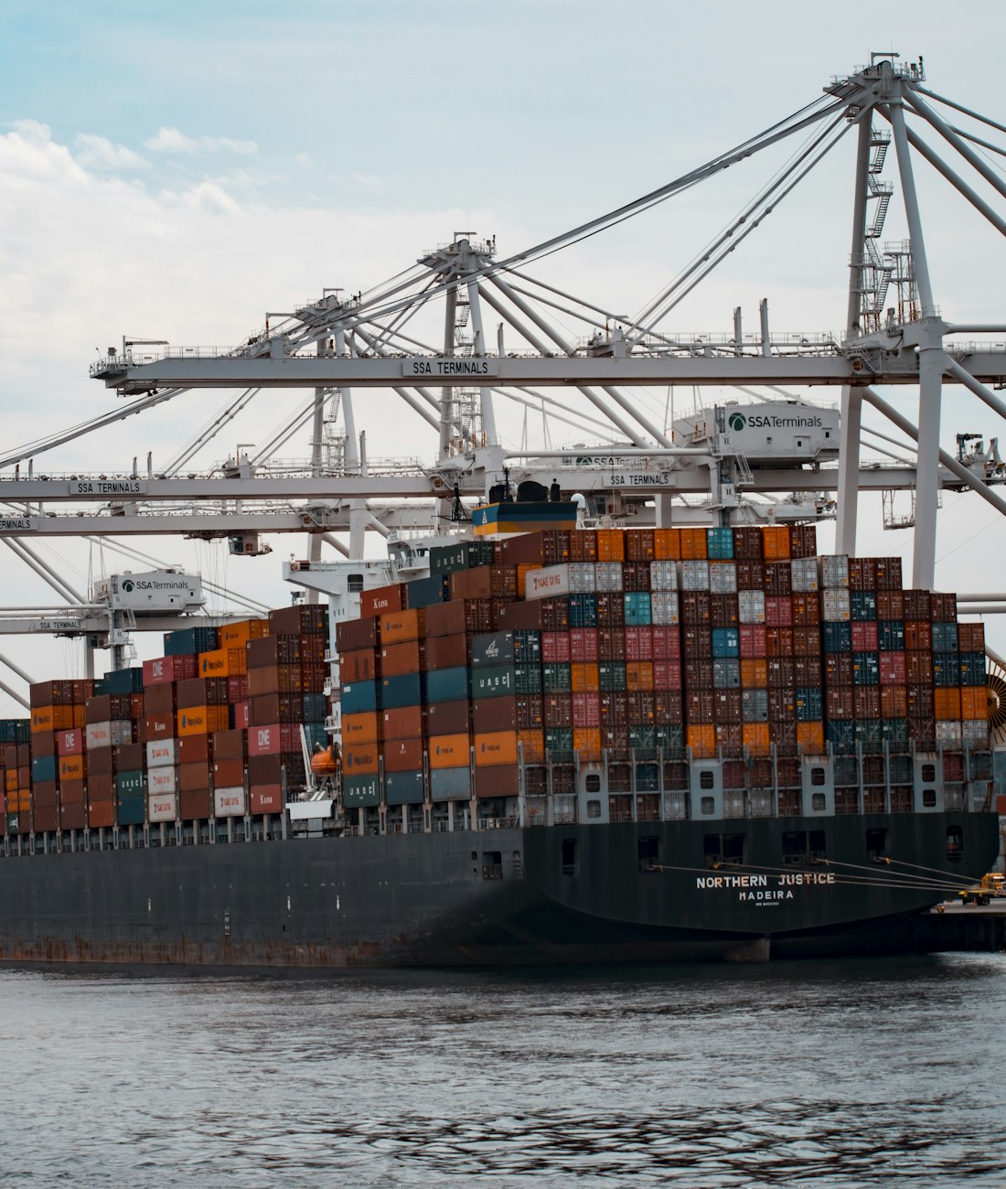 Container ship being loaded at a European port